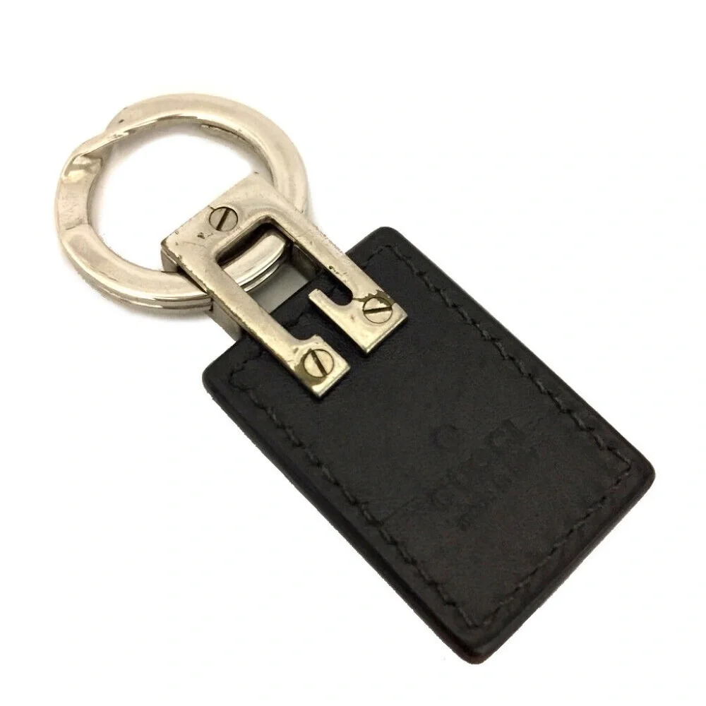 GUCCI Logo Silver Metal Tone Leather Key Holder Charm Unisex Vintage Authentic